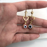 18K Gold Layered Cut Out Heart W Red Greek Eye Dangle Leverback Earrings 21.0448/10