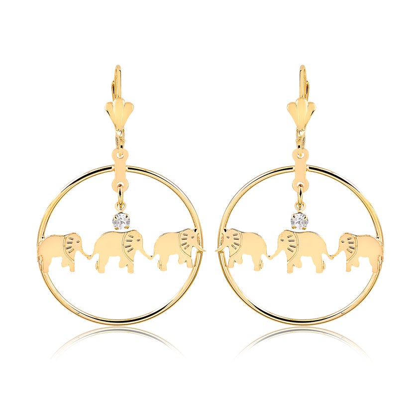 18K Gold Layered Elephant Design with Cubic Zirconia, Dangle Earrings 21.0021/1
