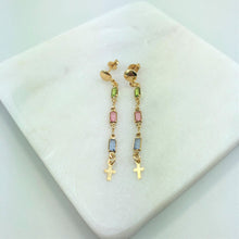 Load image into Gallery viewer, 18K Gold Layered Multi-Color Rhinestone &amp; Cross Drop Dangle Earrings 21.0066/17
