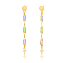Load image into Gallery viewer, 18K Gold Layered Multi-Color Rhinestone &amp; Cross Drop Dangle Earrings 21.0066/17
