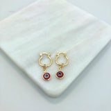 18K Gold Layered Huggies Earrings with Blue or Red Evil Eye Dangle Charm 21.0102/3/6