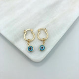 18K Gold Layered Huggies Earrings with Blue or Red Evil Eye Dangle Charm 21.0102/3/6