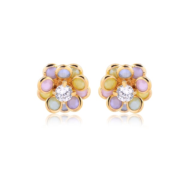 18K Gold Layered Multicolor and Pearl Flower Design Push Back Earrings 21.0159/30/92
