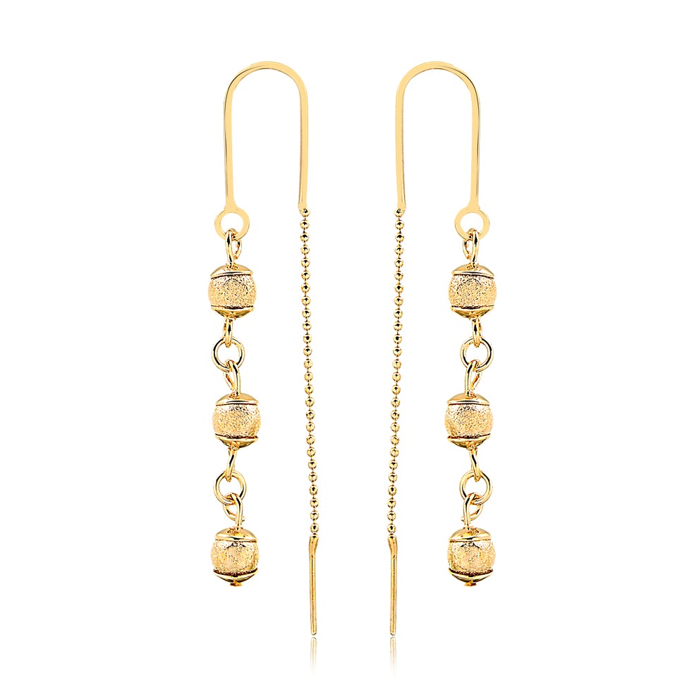 18K Gold Layered Texturized Three Stud Balls Drop Threader Earrings 21.0208