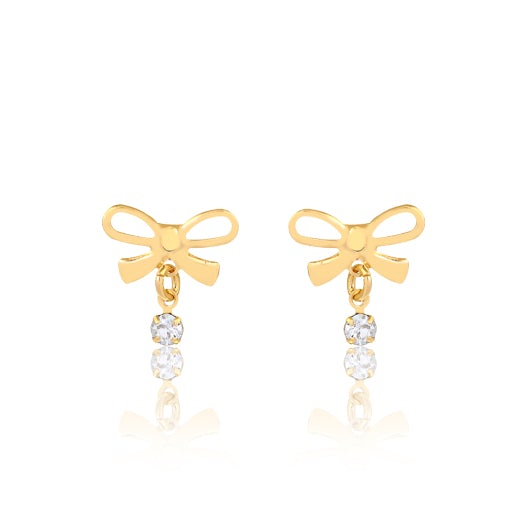 18K Gold Layered Bow Design Push Back Kids Earrings with Clear Cubic Zirconia Drop 21.0211/1
