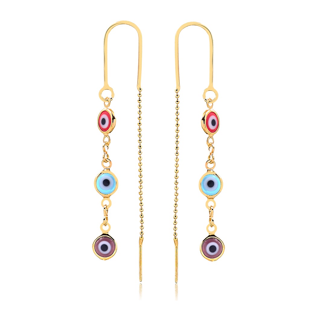 18K Gold Layered Assorted Color Three Greek Eyes Long Threader Earrings 21.0226/17