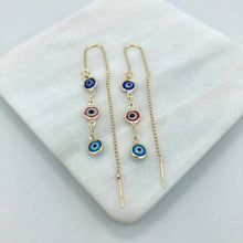 Load image into Gallery viewer, 18K Gold Layered Assorted Color Three Greek Eyes Long Threader Earrings 21.0226/17
