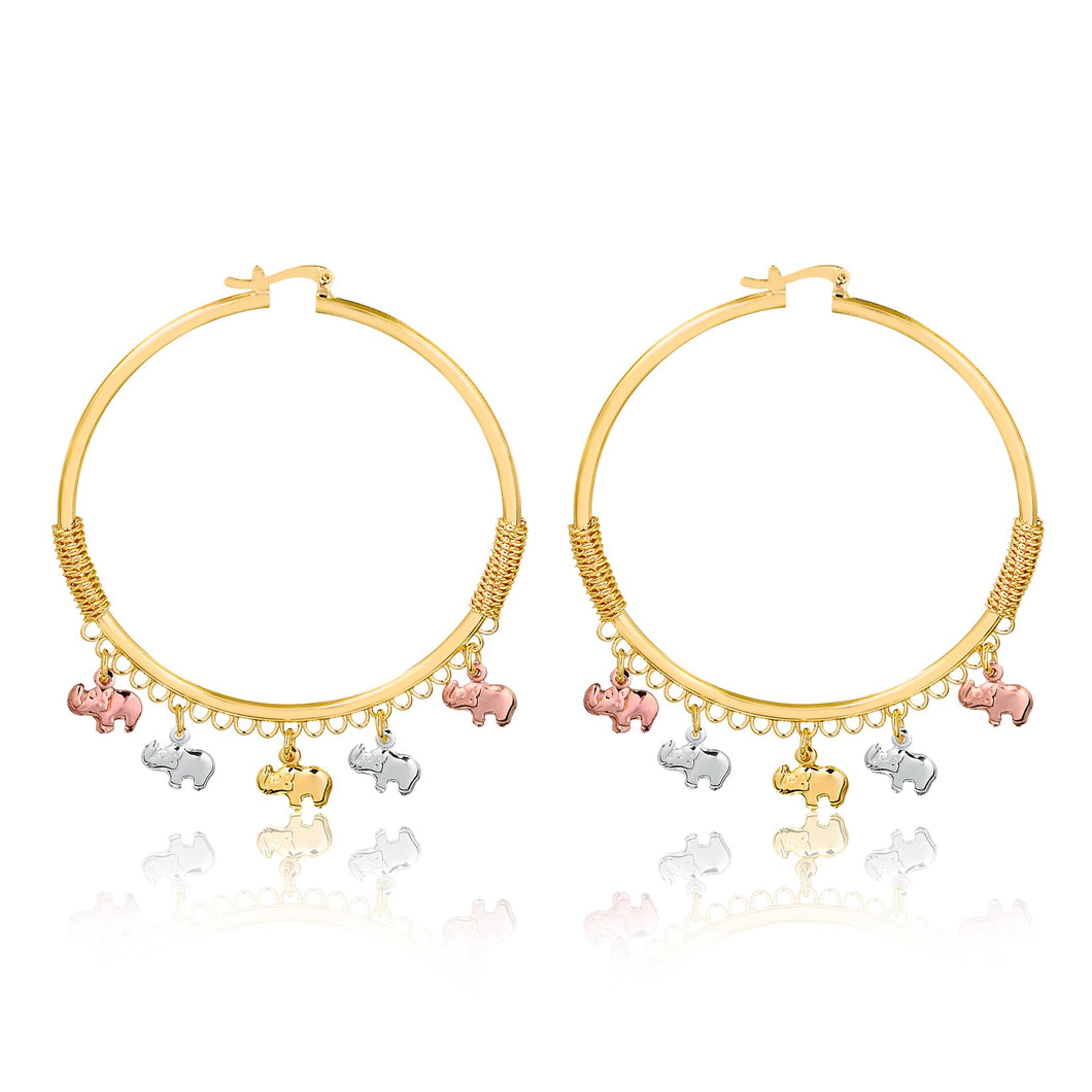 18K Gold Layered 48 mm Cylinder Hoops with Tri-Tones Elephants Drop 21.0299