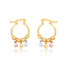 Load image into Gallery viewer, 18K Gold Layered 15 mm Cylinder Hoops with Tri-Tones Stars Drop 21.0302
