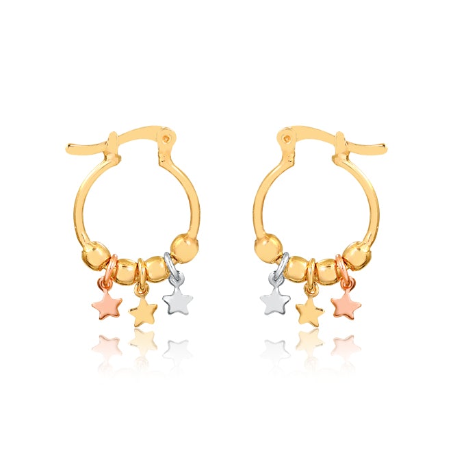 18K Gold Layered 15 mm Cylinder Hoops with Tri-Tones Stars Drop 21.0302