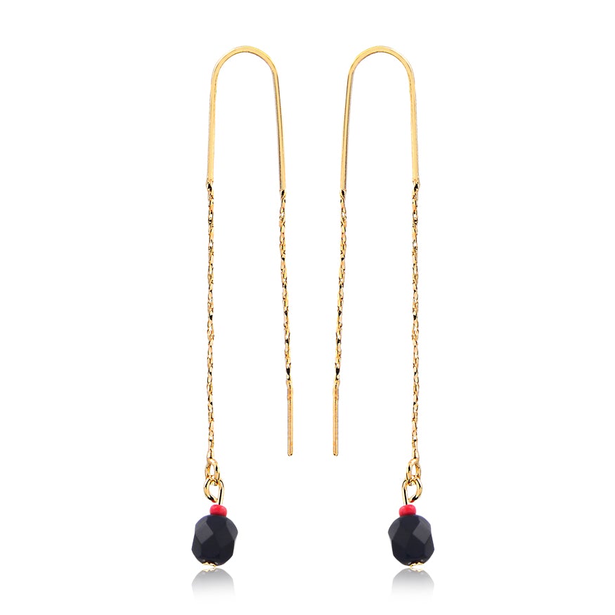 18K Gold Layered Black & Red Rhinestone Stud Drop in Long Threader Earrings 21.0329/17