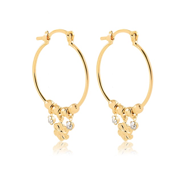 18K Gold Layered 25 mm Cylinder Hoops with Flower & Clear CZ Drop 21.0339/1