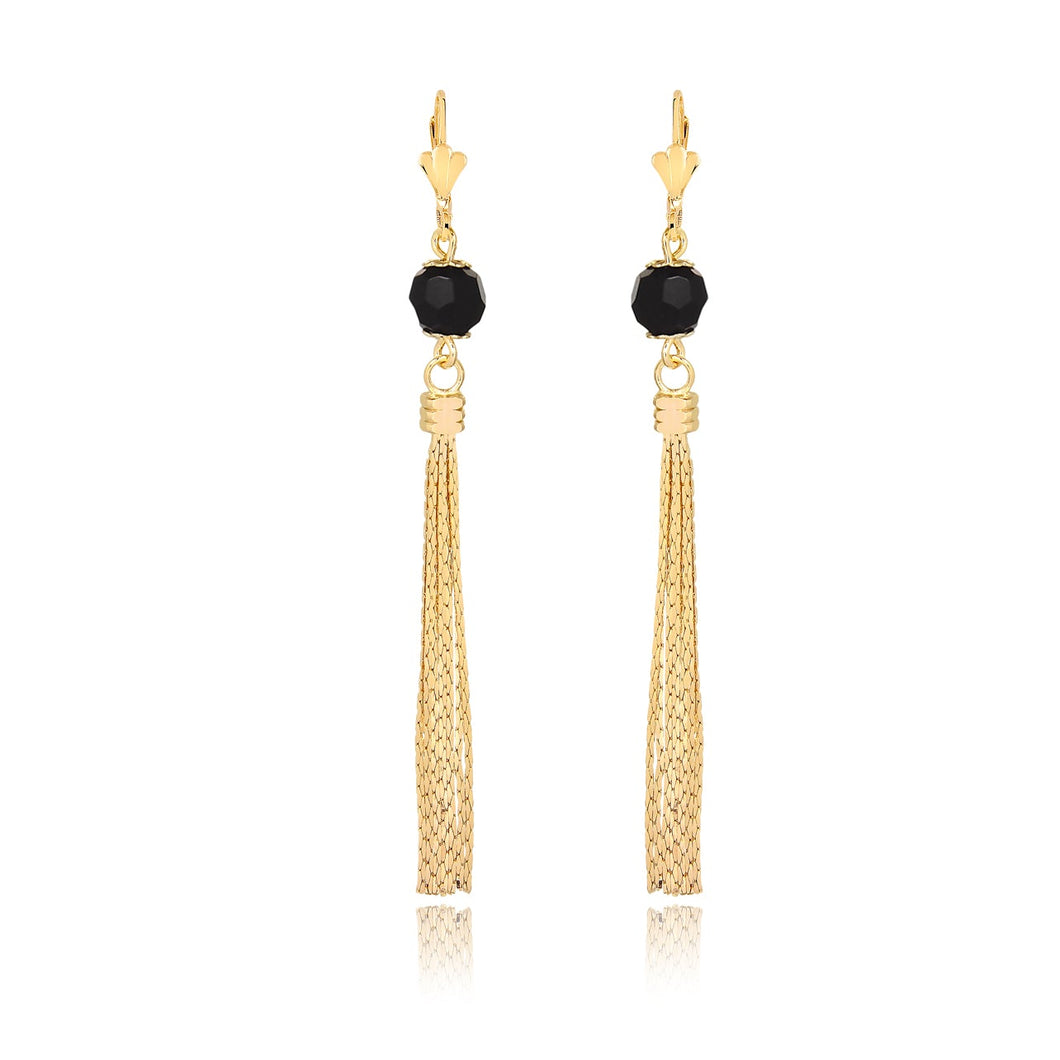 18K Gold Layered Black Rhinestone In Tassel Earrings Starry Link 21.0342/2