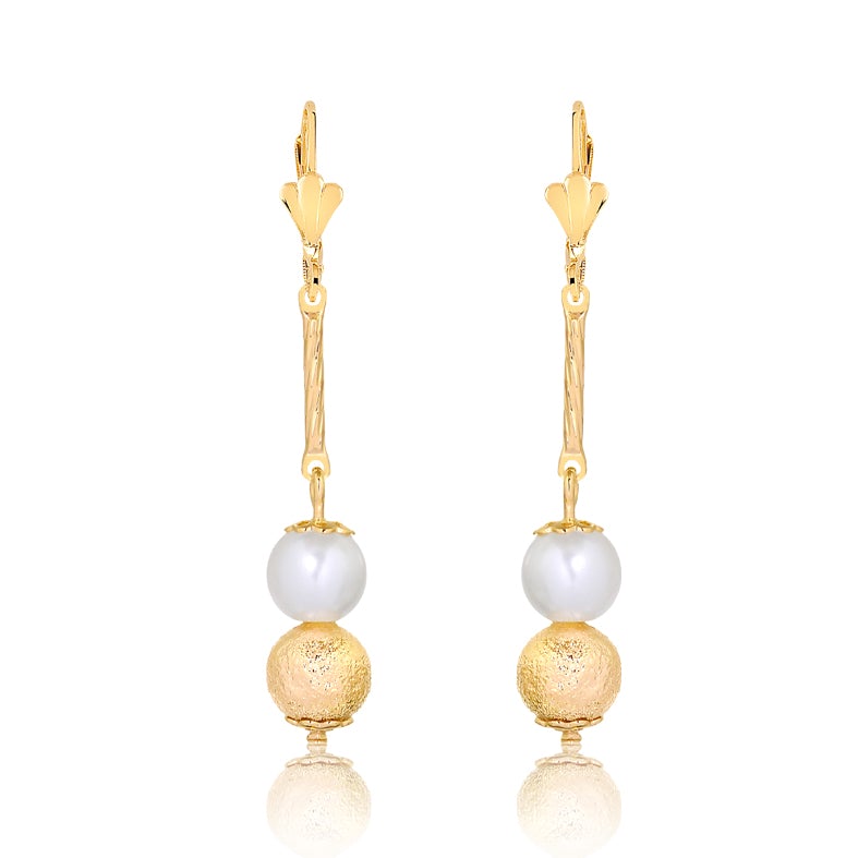 18K Gold Layered Pearl & Texturized Ball Drop Dangle Earrings 21.0348/92