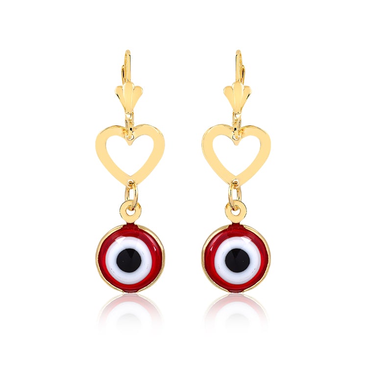 18K Gold Layered Cut Out Heart W Red Greek Eye Dangle Leverback Earrings 21.0448/10