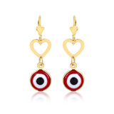 18K Gold Layered Cut Out Heart W Red Greek Eye Dangle Leverback Earrings 21.0448/10