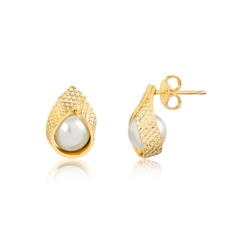 18K Gold Layered Pearl in Texturized Gold Stud Earrings 21.0451/92