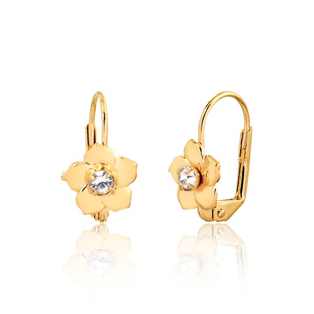 18K Gold Layered Clear CZ Center In Flower Design Leverback Kids Earrings 21.0453/1