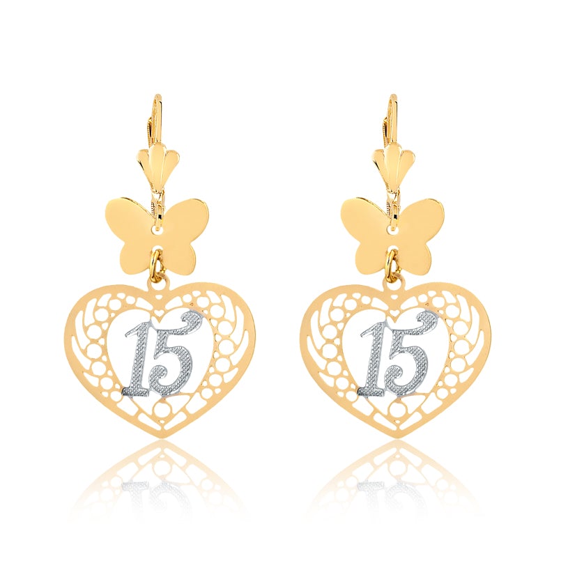 18K Gold Layered Butterfly Design W Two Tone Cut Out Heart 15th Earrings 21.0463