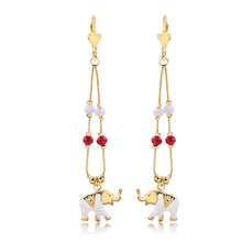 Load image into Gallery viewer, 18K Gold Layered White &amp; Red Rhinestone with White Enamel Elephant In TearDrop Dangle Earrings 21.0597/17

