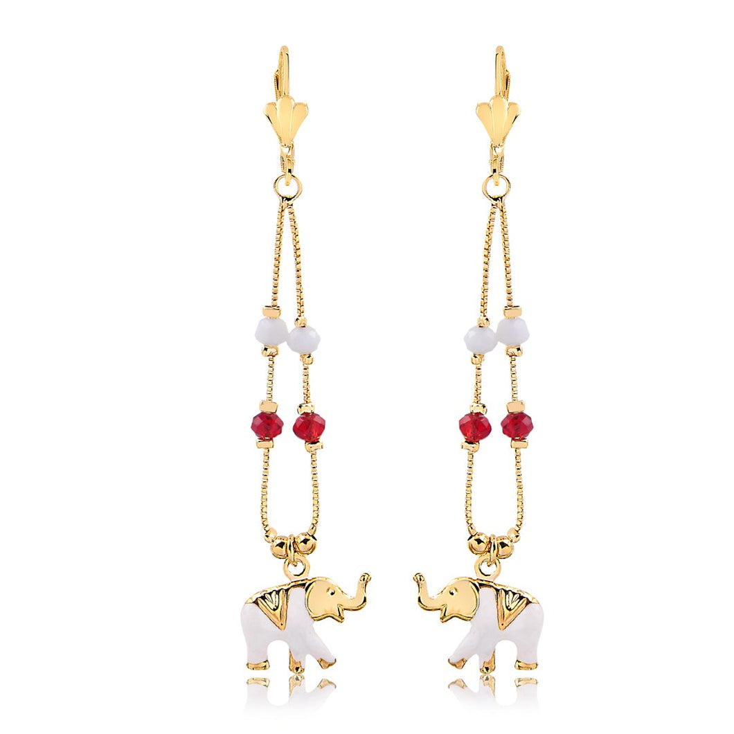 18K Gold Layered White & Red Rhinestone with White Enamel Elephant In TearDrop Dangle Earrings 21.0597/17