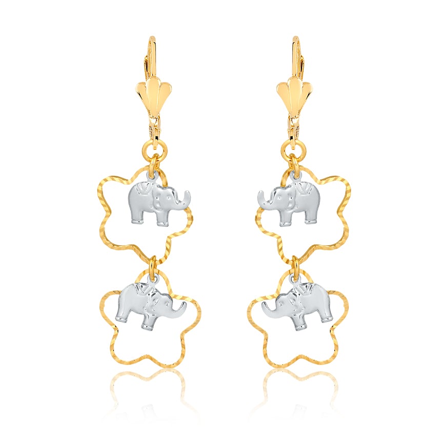 18K Gold Layered Two Tone Elephant In Cut Out Star Shape Dangle Earrings 21.0604