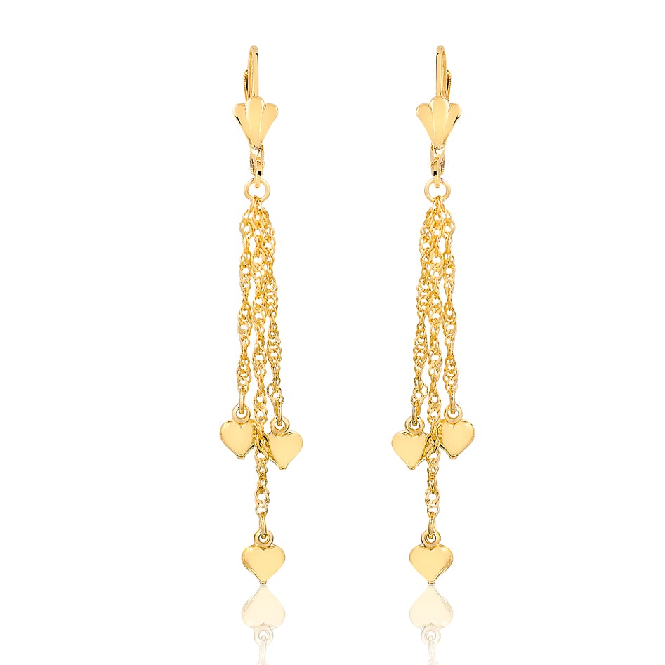 18K Gold Layered Twist Chain Tassel Cluster Earrings With Three Hearts 21.0619