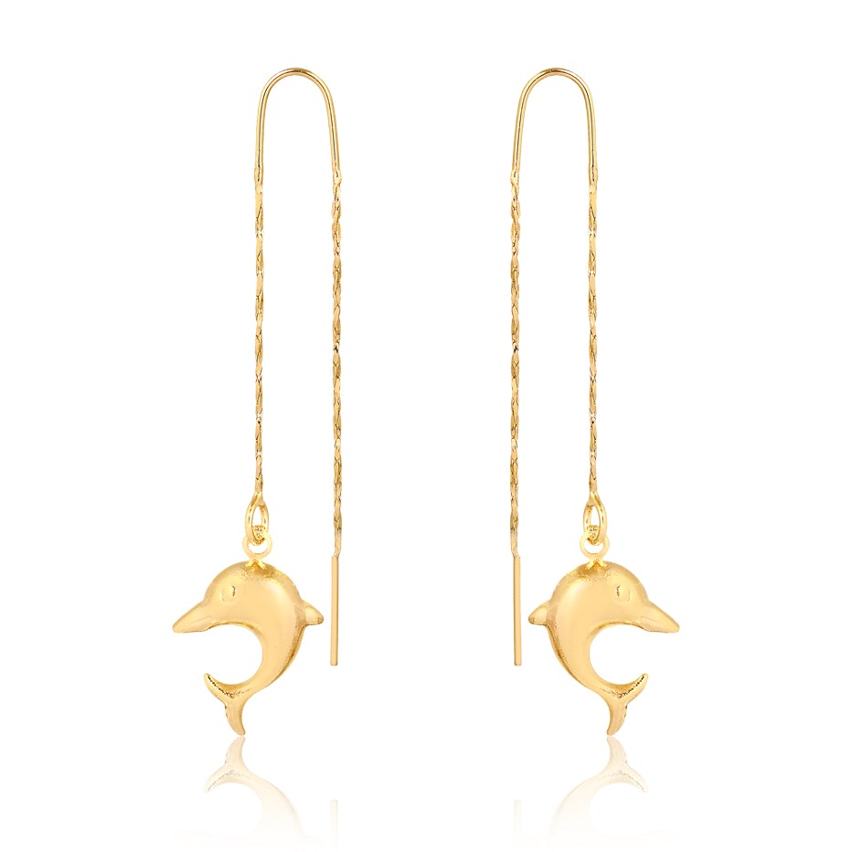 18K Gold Layered Dolphin Drop Long Threader Earrings 21.0630