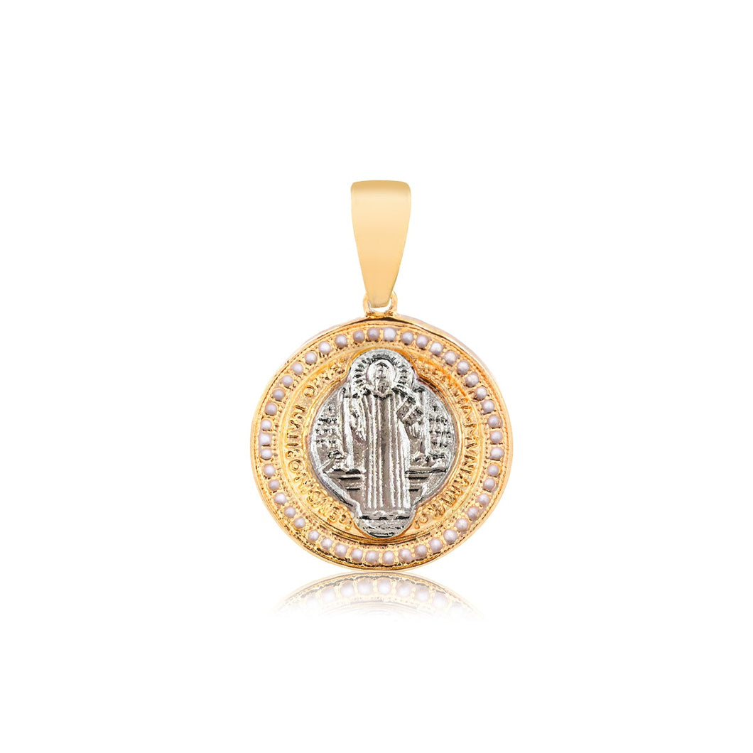 18K Gold Layered Two Tone Saint Benedict Texturized Religious Medal Pendant 31.0021/1