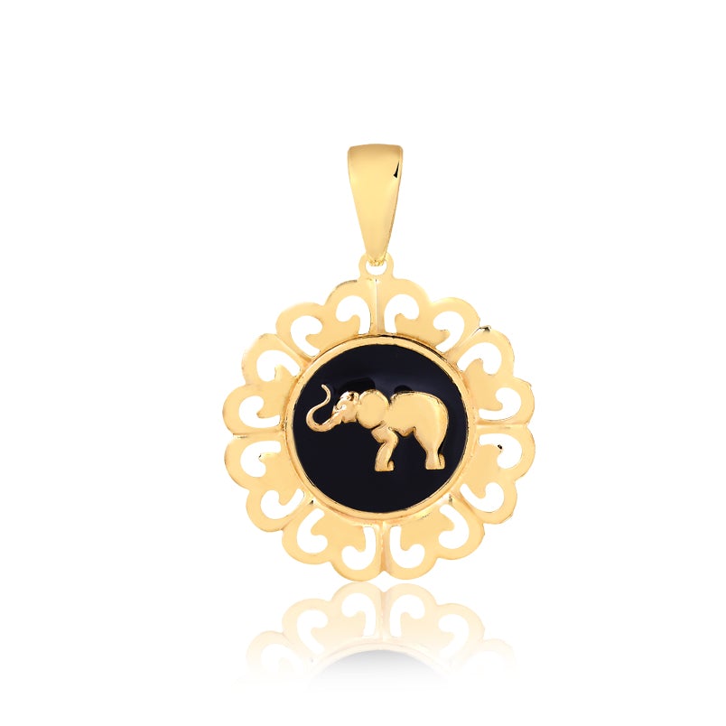 18K Gold Layered Black Enamel Cut Out Design, Elephant Medal Pendant 31.0054/2