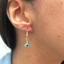 Load and play video in Gallery viewer, 18K Gold Layered Huggies Earrings with Blue or Red Evil Eye Dangle Charm 21.0102/3/6

